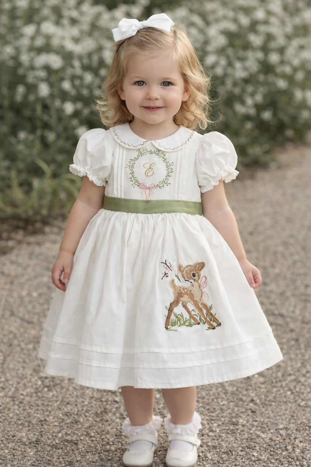 White Deer Embroidered Princess Dress for Girls