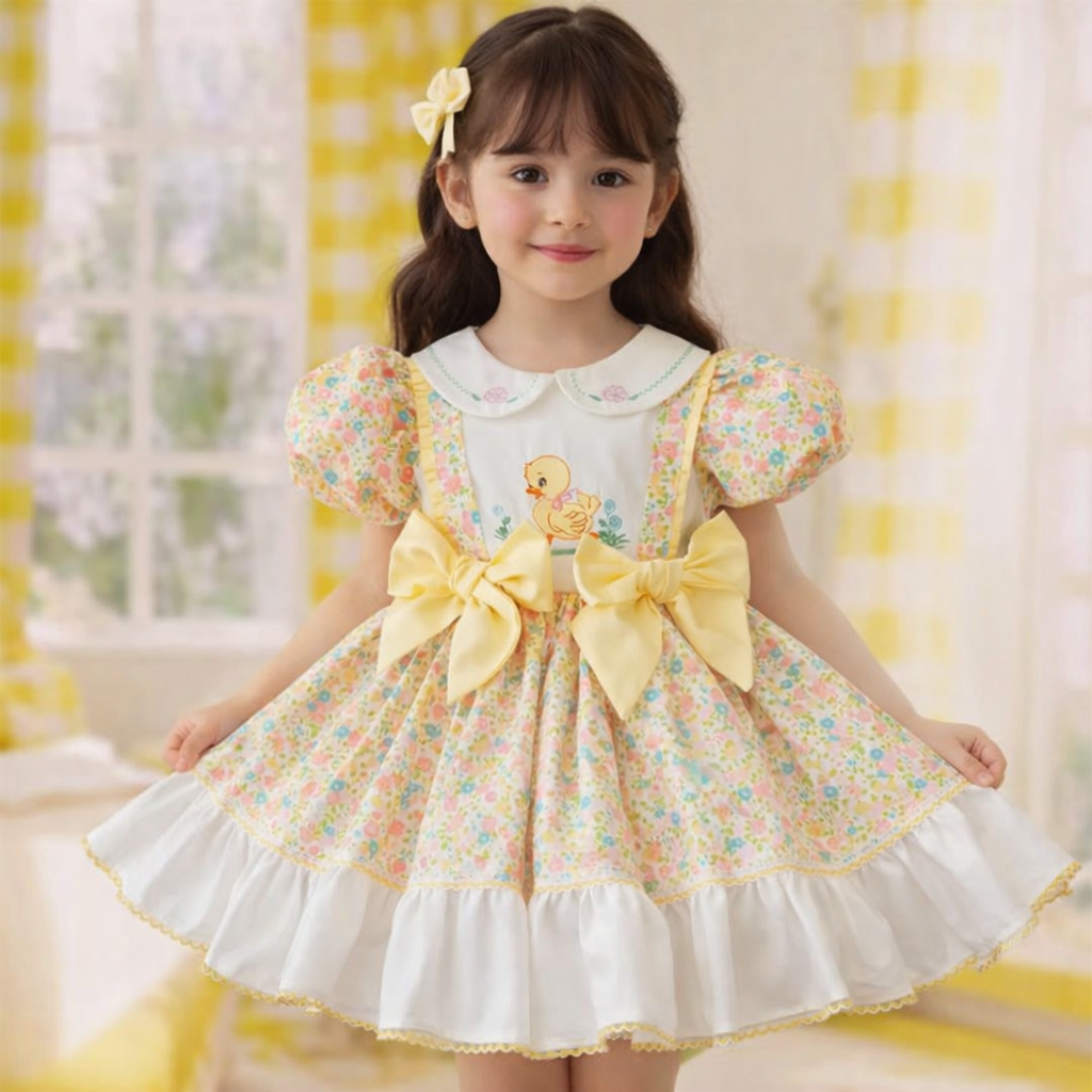 Yellow Duck Embroidered Princess Dress , Vintage Style for Girls