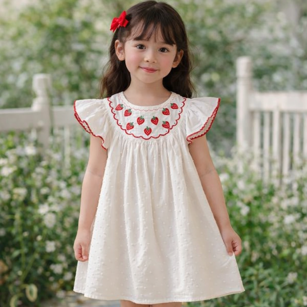 Sweet Strawberry Embroidered Summer Dress for Girls