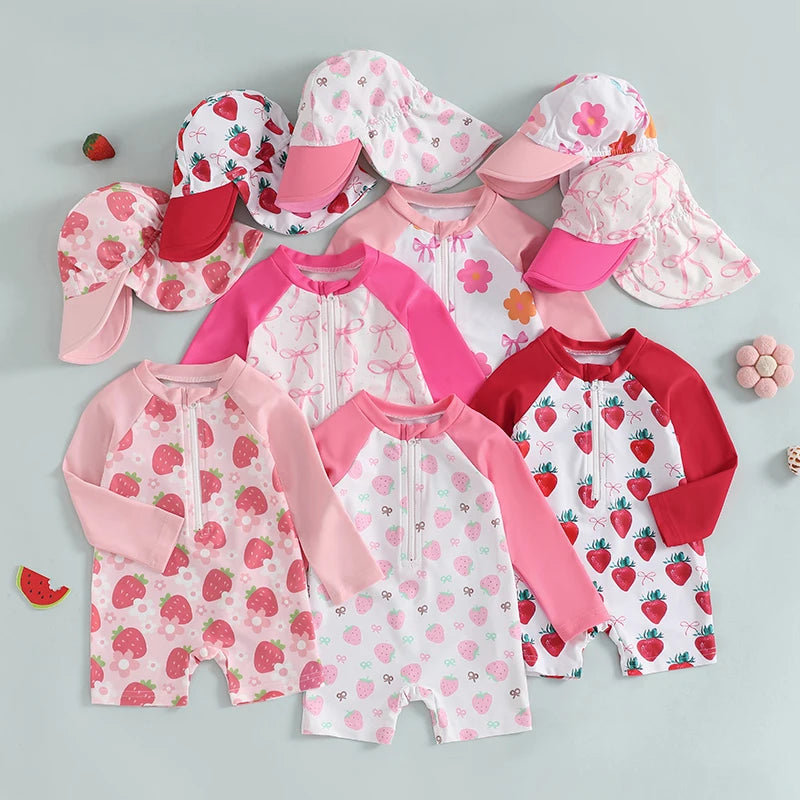 Toddler Girl Long Sleeve Swimsuite with Sunhat Set