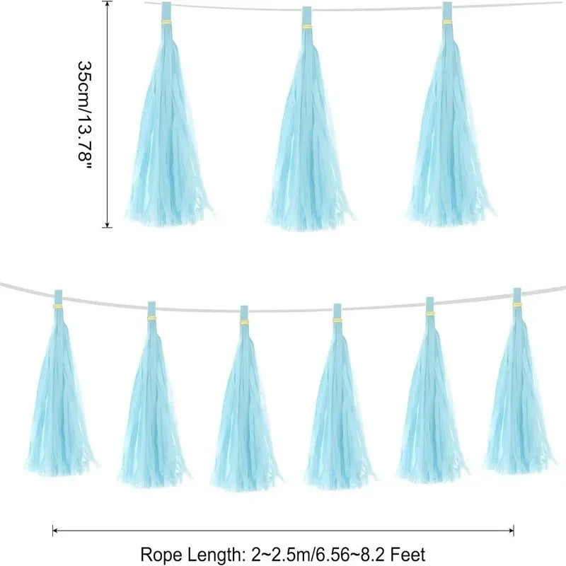 Pastel macaron balloons with paper tassel garland for parties and celebrations.