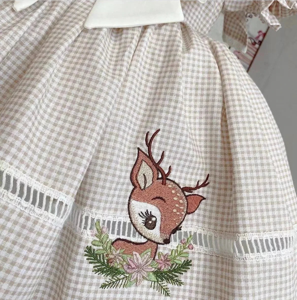 Vintage Princess Dress – Plaid & Deer Embroidery