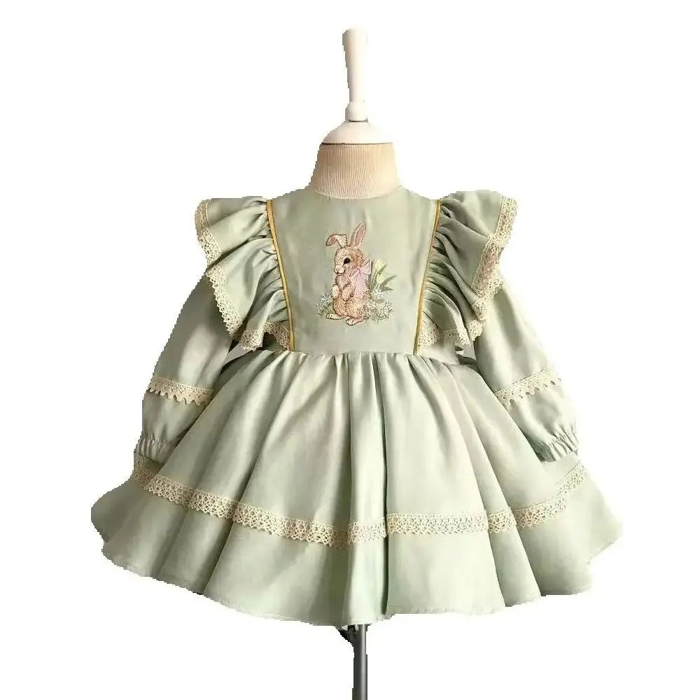 Baby Girl Green Rabbit Embroidered Princess Dress , Elegant princess style for spring & summer
