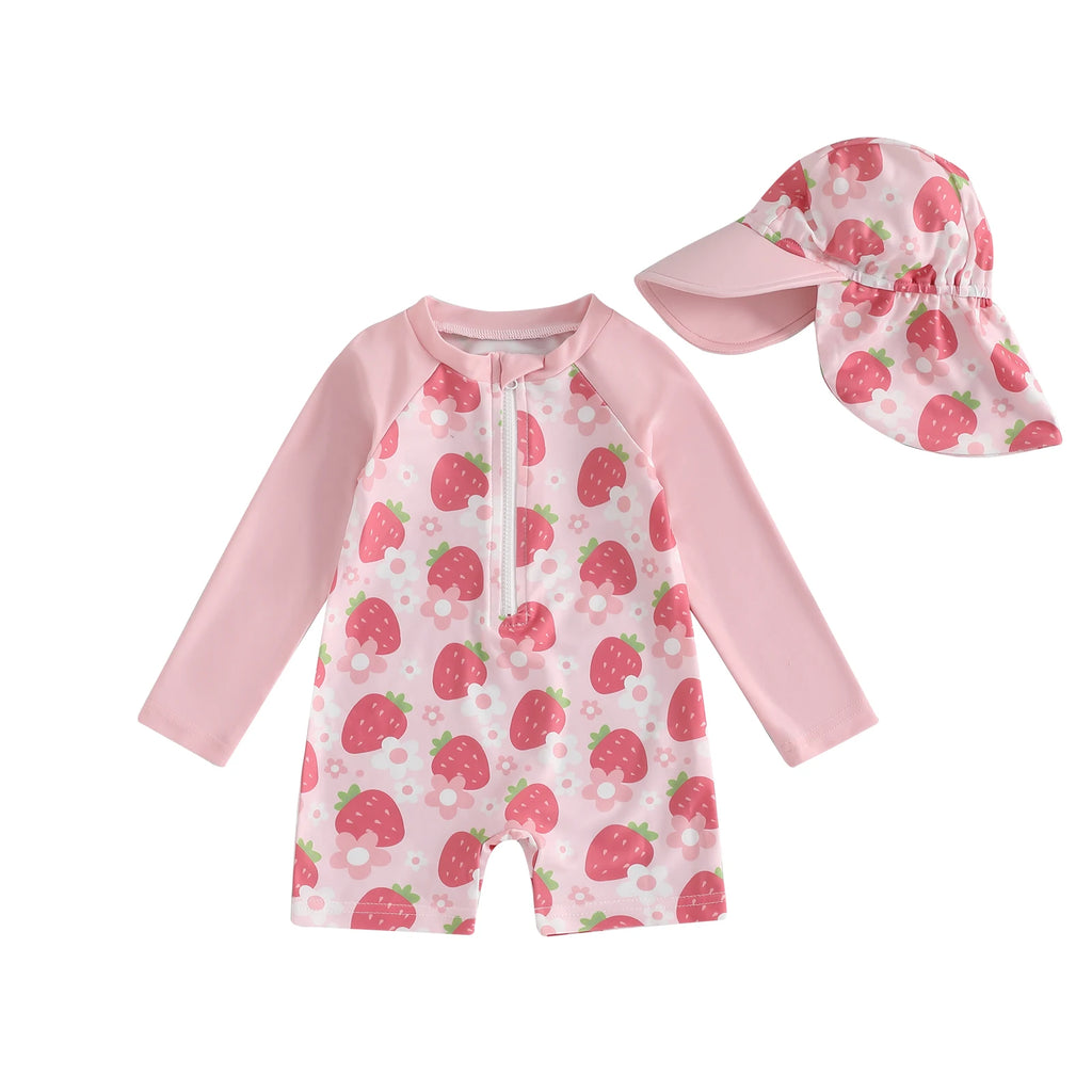Toddler Girl Long Sleeve Swimsuite with Sunhat Set
