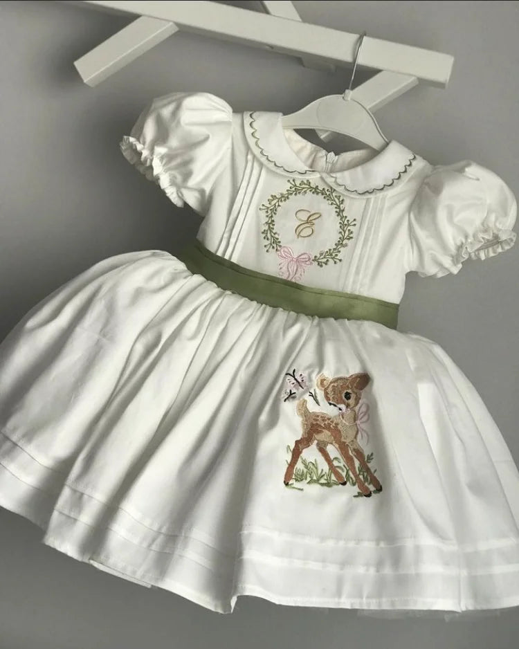 White Deer Embroidered Princess Dress for Girls