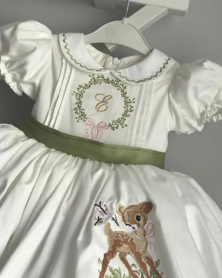 White Deer Embroidered Princess Dress for Girls