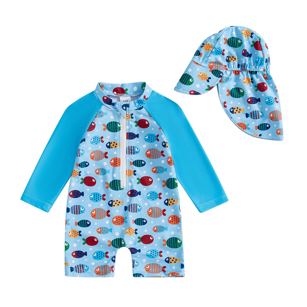 Toddler Swim Set – Long Sleeve Fish Print Suit with Hat