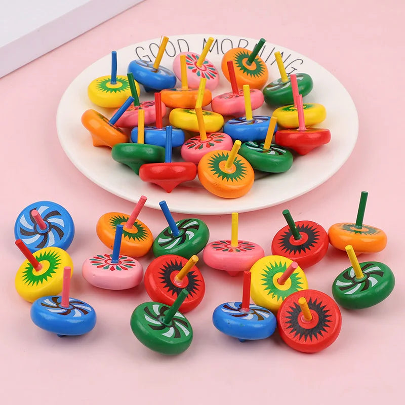 12/24pcs mini wooden spinning tops – fun finger toys for kids’ party favors.