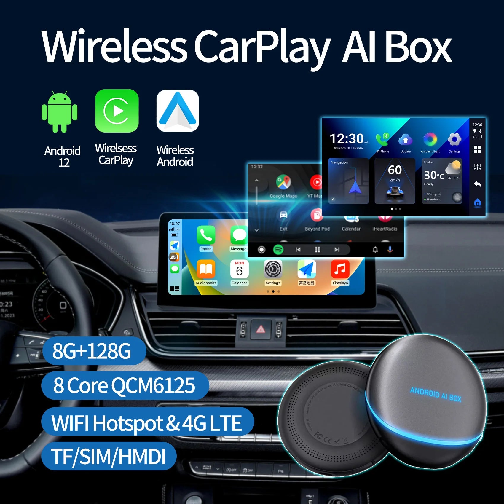 Android 12 UHULAMB Android Auto Wireless CarPlay AI TV Box QCM665 8-Core Split Screen 8+128G For Netflix YouTube Play Store BT