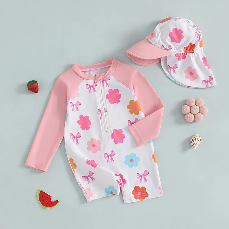 Toddler Girl Long Sleeve Swimsuite with Sunhat Set