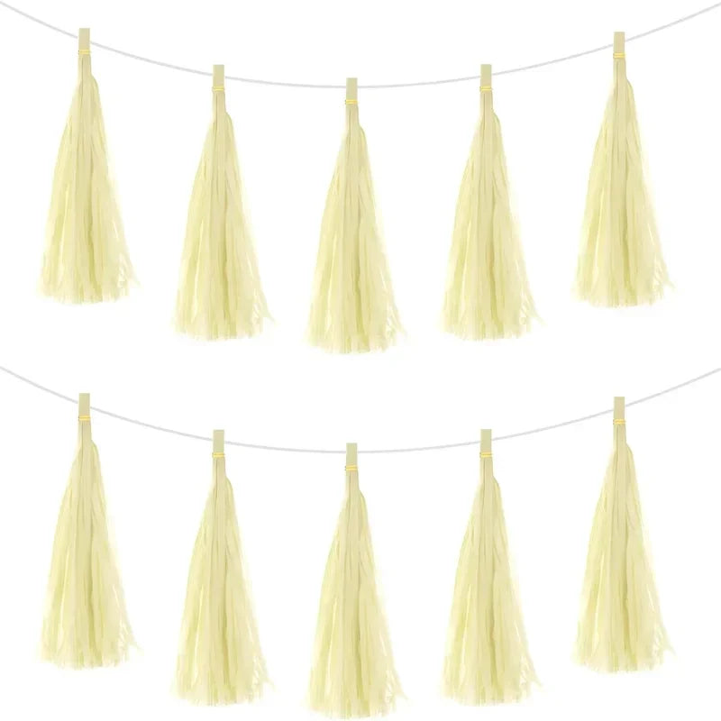 Pastel macaron balloons with paper tassel garland for parties and celebrations.