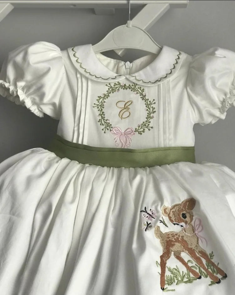 White Deer Embroidered Princess Dress for Girls