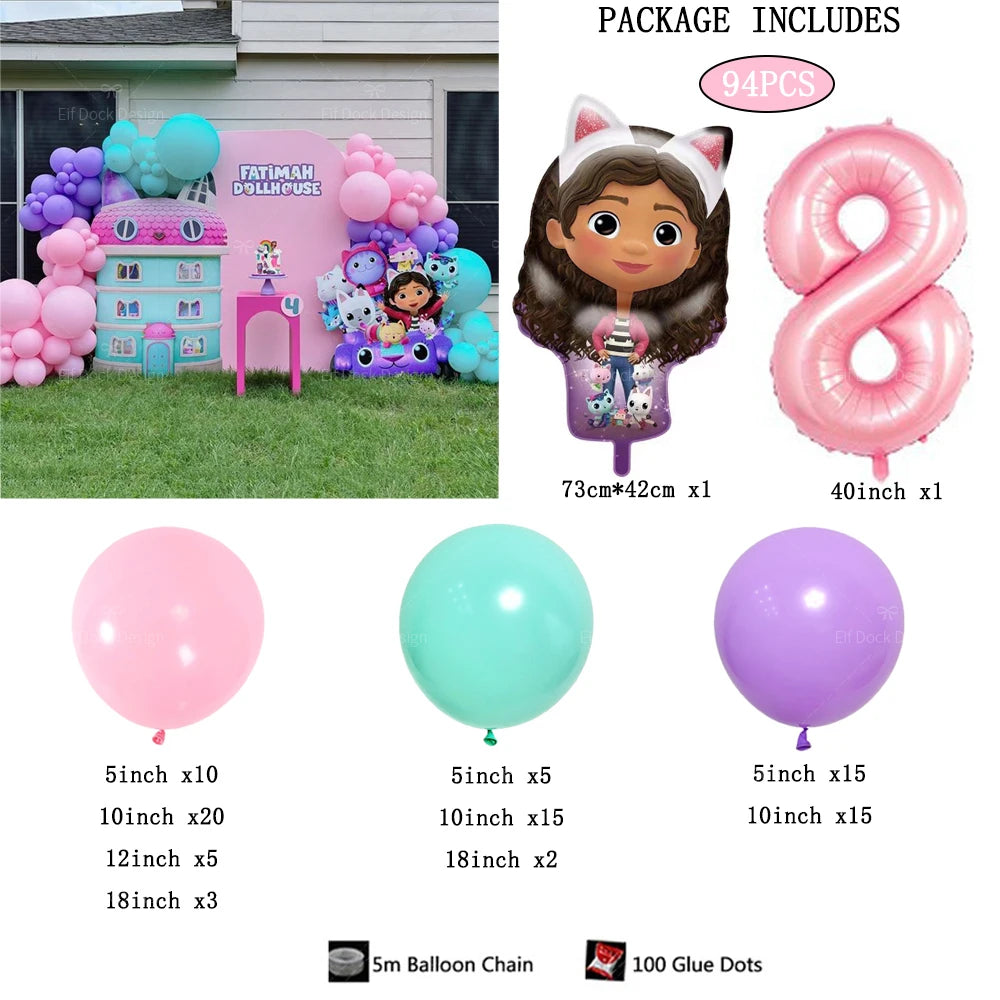 94pcs Gabby Dollhouse Cats theme Balloon 40inch 1-9th Kids Birthday Party