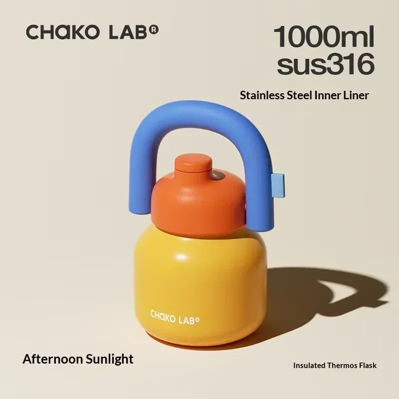 Chakolab 1000ML Large Capacity Thermos Cup With Cold Straw Stainless Steel Inner Pot Kettle Portable Travel Mugs