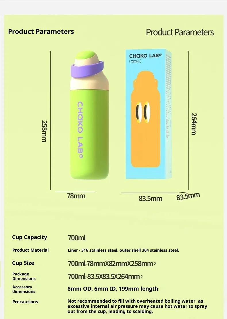 Chakolab 550/700ML Large Capacity Sports Water Cup Portable Insulated Straw Cup Stainless Steel Coffee Water Glass