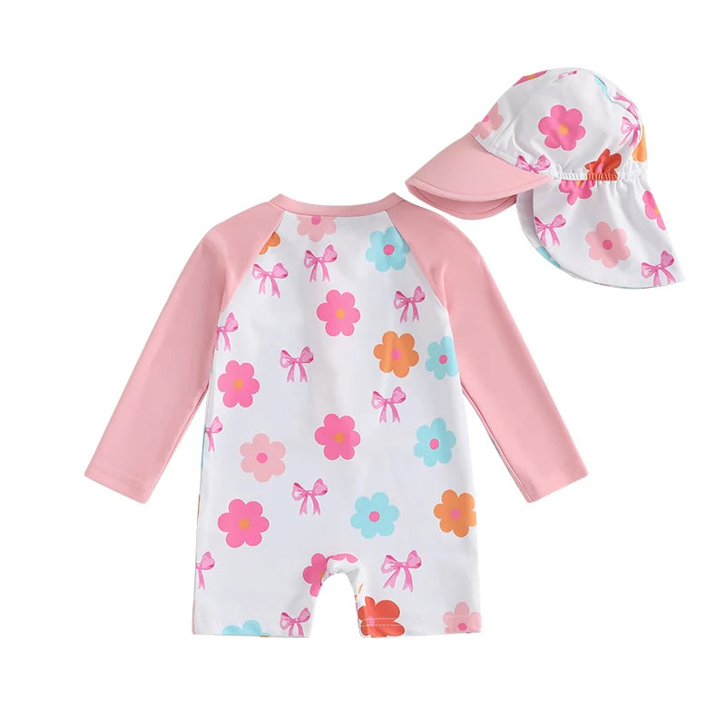 Toddler Girl Long Sleeve Swimsuite with Sunhat Set