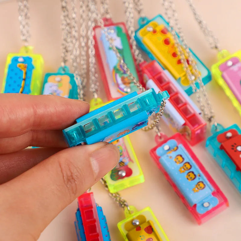 10/20Pcs Cartoon Mini Harmonica with Necklace Musical Toys for Kids Gifts