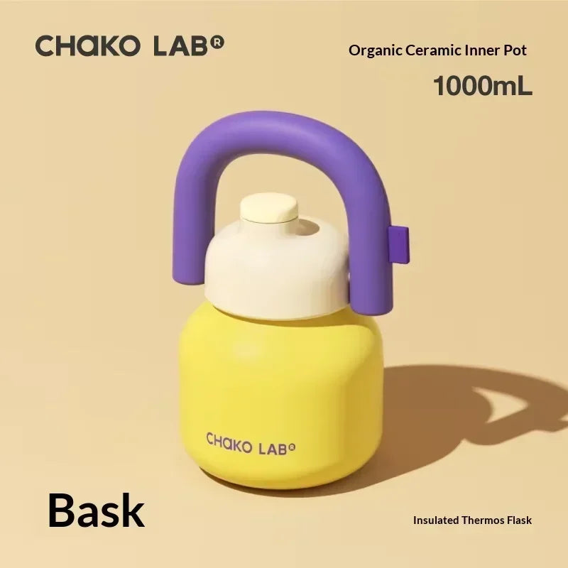 Chakolab 1000ML Large Capacity Thermos Cup With Cold Straw Stainless Steel Inner Pot Kettle Portable Travel Mugs
