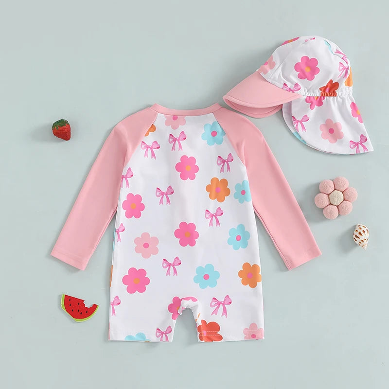 Toddler Girl Long Sleeve Swimsuite with Sunhat Set