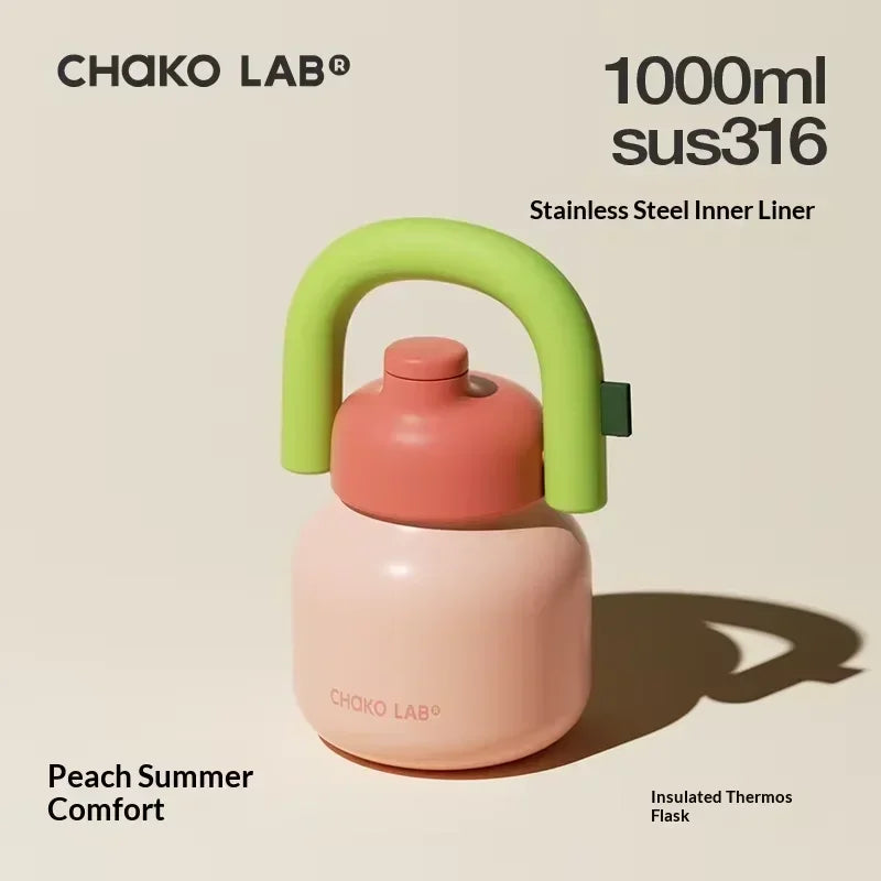 Chakolab 1000ML Large Capacity Thermos Cup With Cold Straw Stainless Steel Inner Pot Kettle Portable Travel Mugs