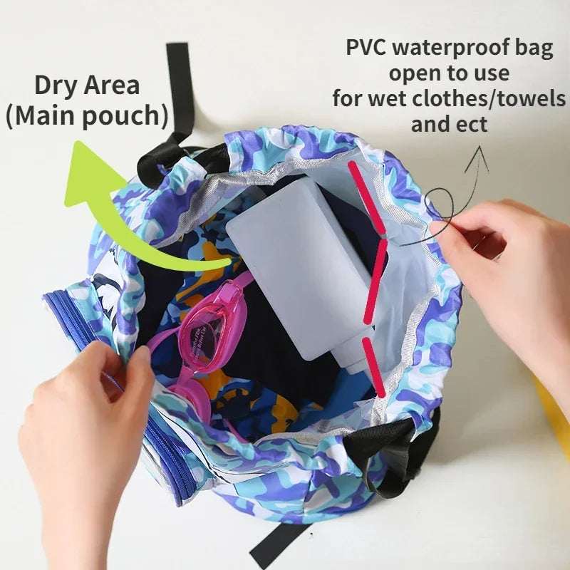 Waterproof Swimming Bag for Kids, Wet Dry Clothes with Shoes Goggles Storage