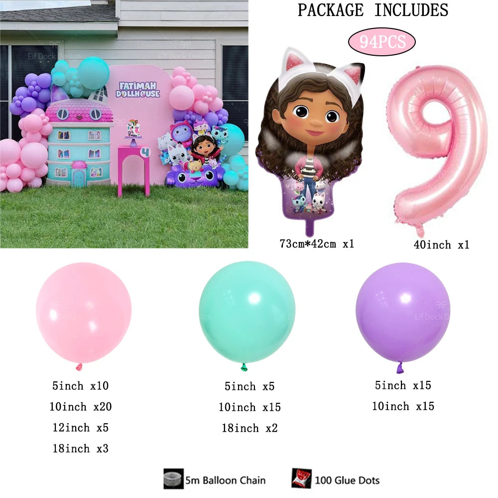 94pcs Gabby Dollhouse Cats theme Balloon 40inch 1-9th Kids Birthday Party