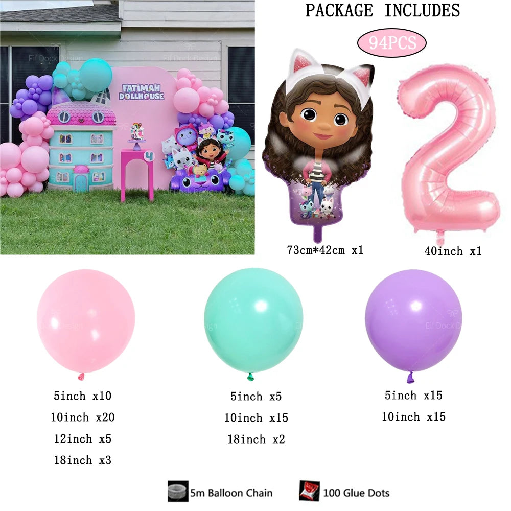 94pcs Gabby Dollhouse Cats theme Balloon 40inch 1-9th Kids Birthday Party