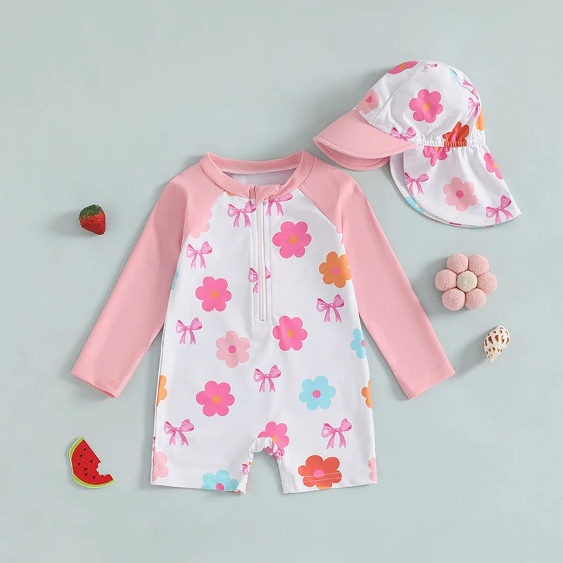 Toddler Girl Long Sleeve Swimsuite with Sunhat Set