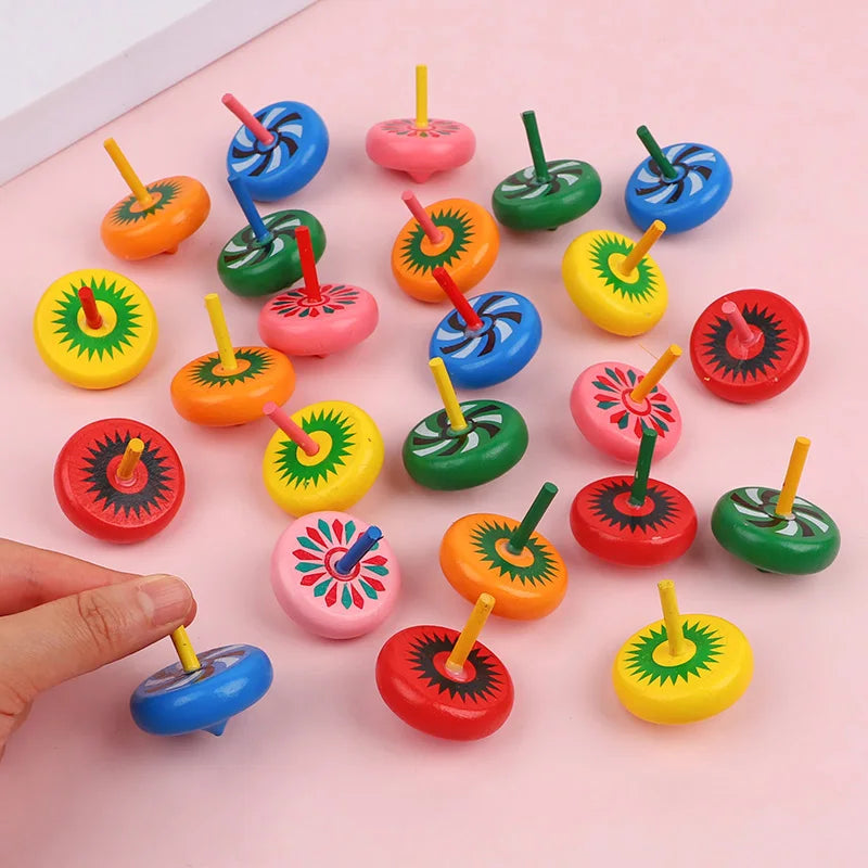 12/24pcs mini wooden spinning tops – fun finger toys for kids’ party favors.