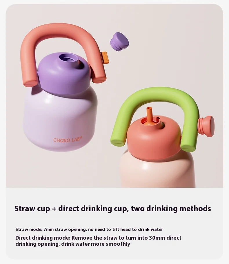 Chakolab 1000ML Large Capacity Thermos Cup With Cold Straw Stainless Steel Inner Pot Kettle Portable Travel Mugs