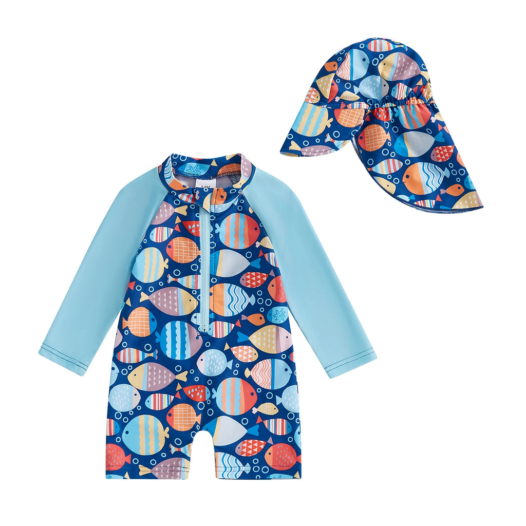 Toddler Swim Set – Long Sleeve Fish Print Suit with Hat