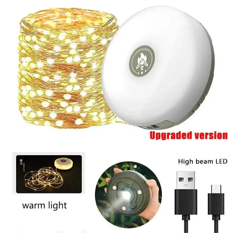 Multifunctional 4 in 1 Design Camping Light String USB Rechargeable Outdoor Tent Decor Light LED Flashlight with Magnet Hook