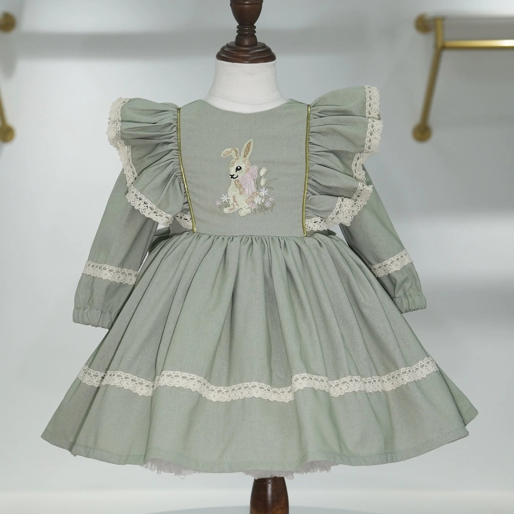 Baby Girl Green Rabbit Embroidered Princess Dress , Elegant princess style for spring & summer