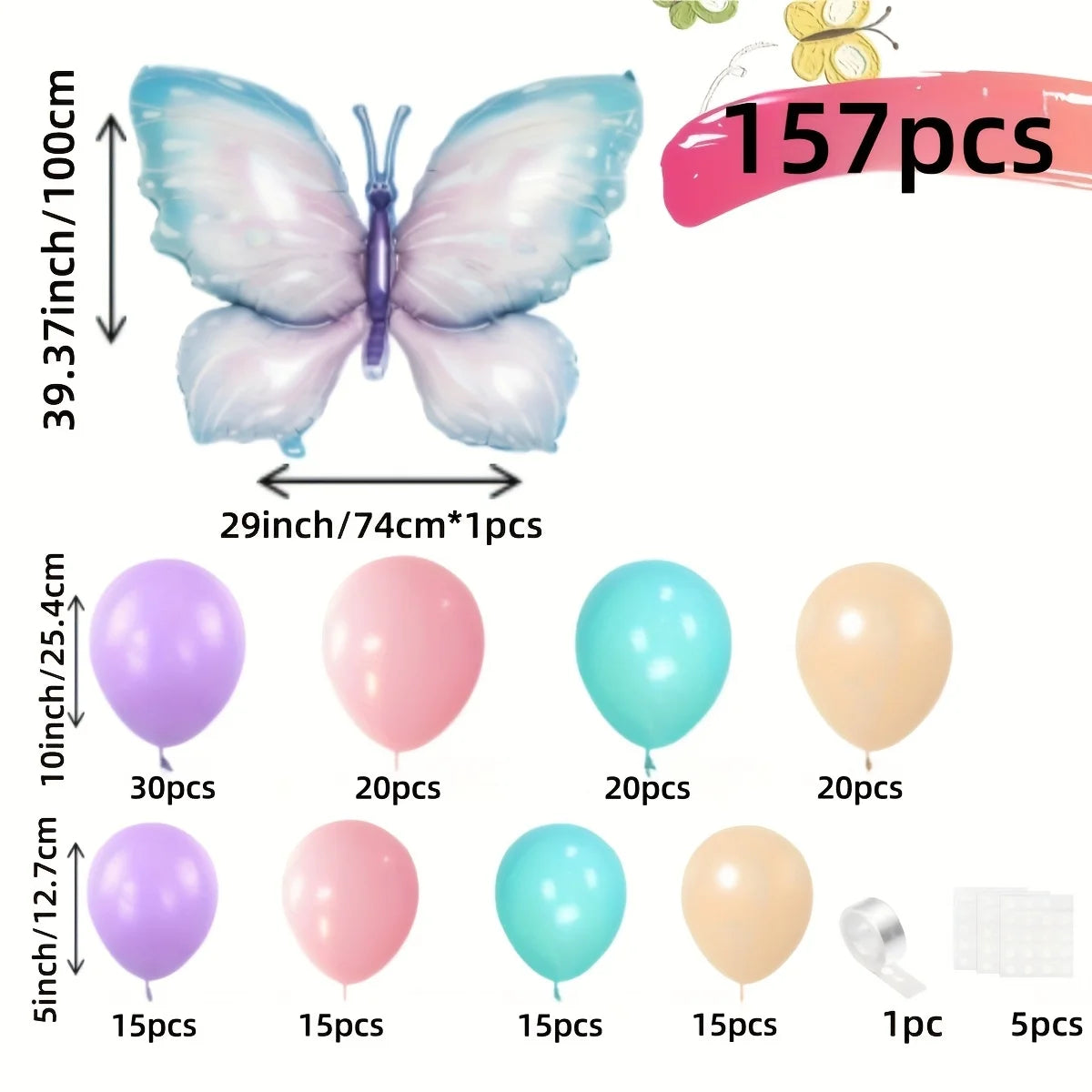 157pcs Butterfly Balloon Garland Arch Kit, Large Butterfly Foil Balloon, Macaron Butterfly Birthday Baby Shower Wedding Party