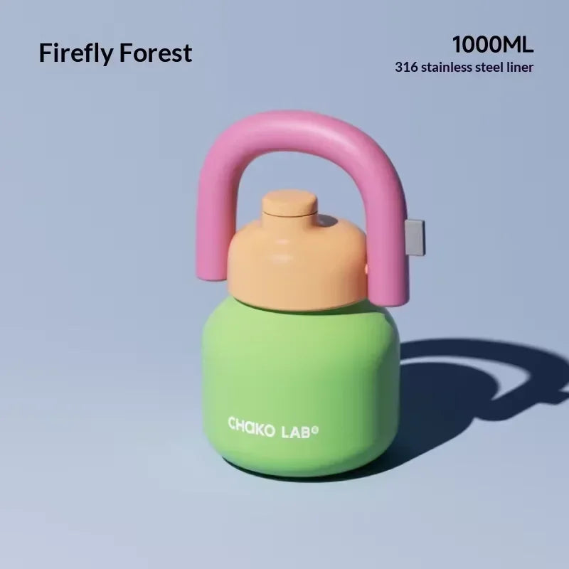 Chakolab 1000ML Large Capacity Thermos Cup With Cold Straw Stainless Steel Inner Pot Kettle Portable Travel Mugs