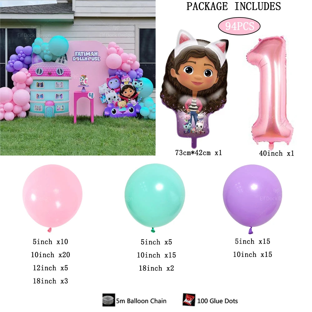 94pcs Gabby Dollhouse Cats theme Balloon 40inch 1-9th Kids Birthday Party