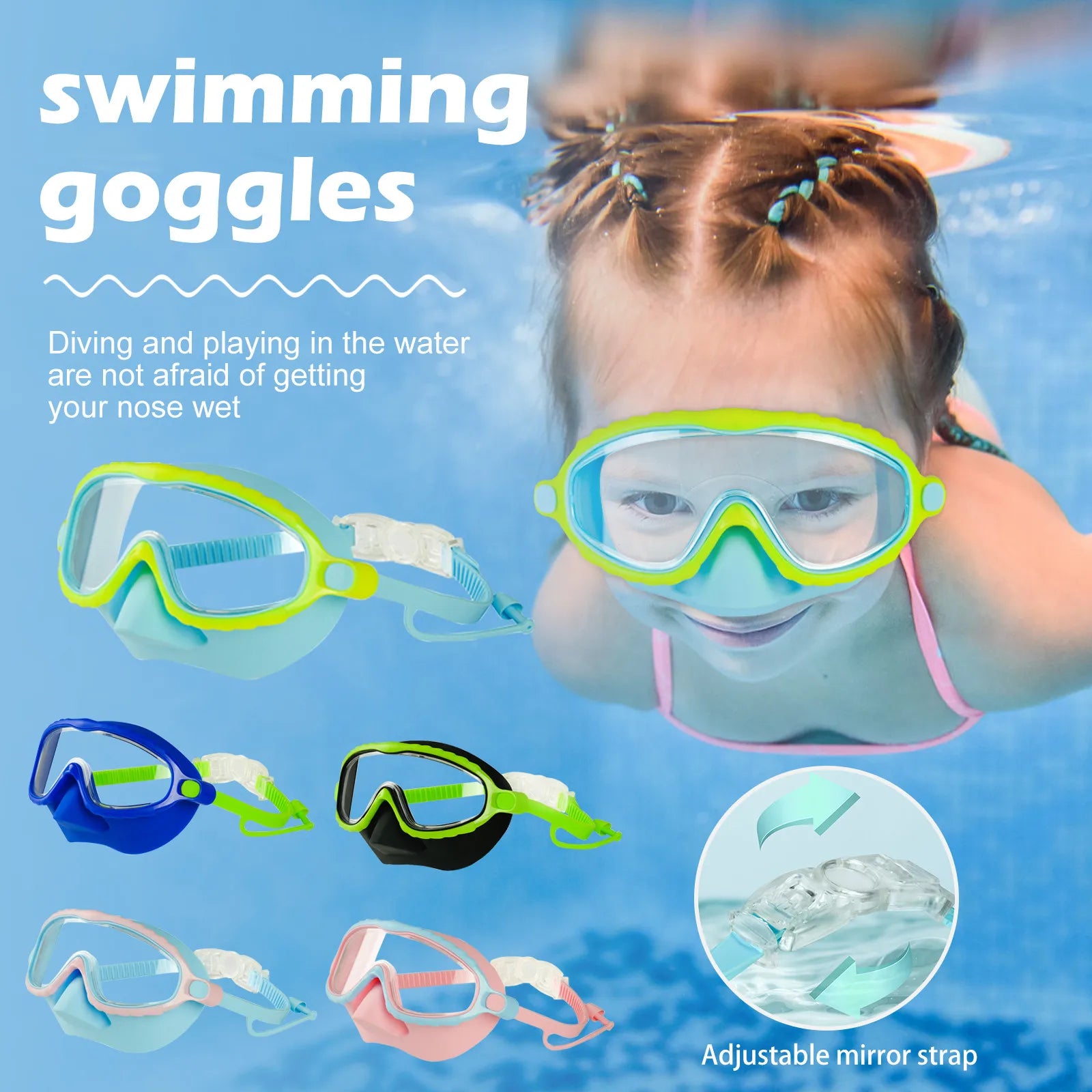 Swim Goggles with Nose Cover Wide Field Of View Diving Mask Anti-Fog Anti-Leak ,Toddler Swimming Goggles For Kids Ages 3-15