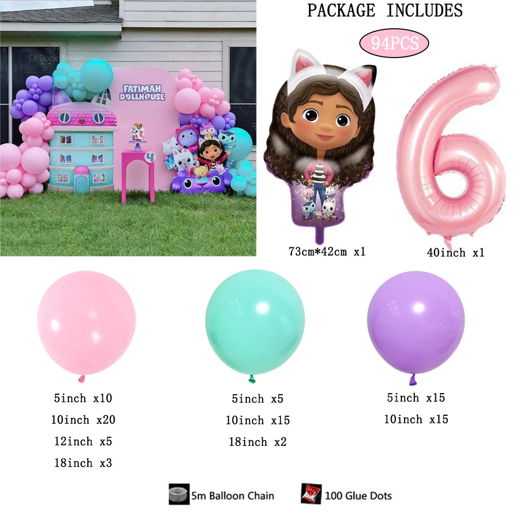 94pcs Gabby Dollhouse Cats theme Balloon 40inch 1-9th Kids Birthday Party