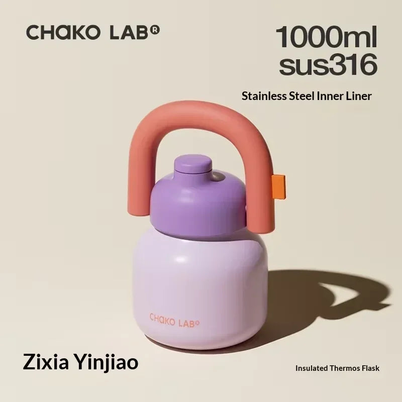 Chakolab 1000ML Large Capacity Thermos Cup With Cold Straw Stainless Steel Inner Pot Kettle Portable Travel Mugs