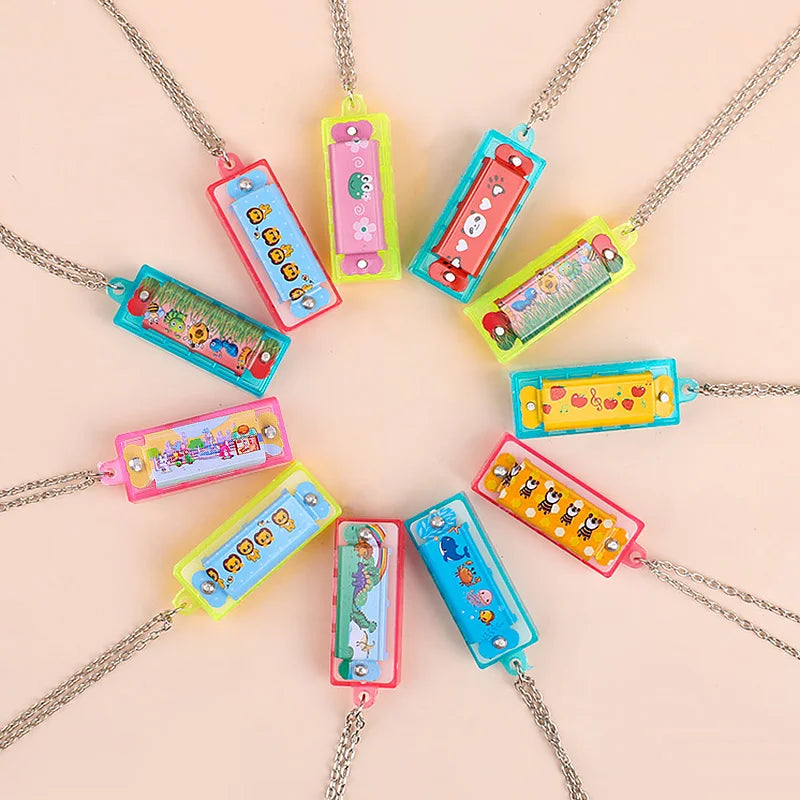 10/20Pcs Cartoon Mini Harmonica with Necklace Musical Toys for Kids Gifts