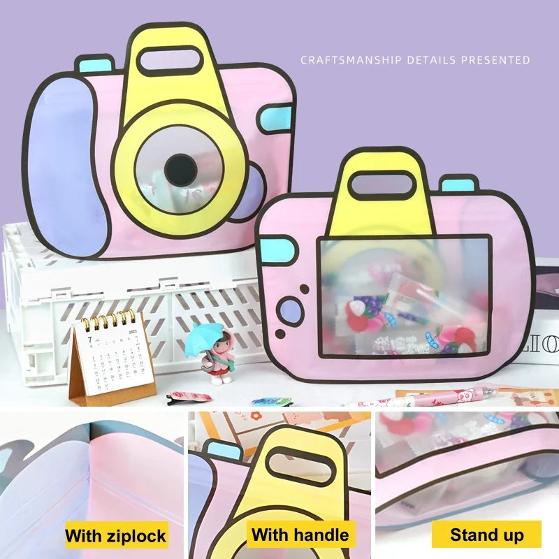 20pcs cartoon camera candy bags with window – cute snack pouches for kids’ party treats.