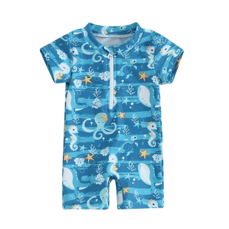 Toddler Boys Cute Sea Swimwear Short Sleeve Zipper Suit
