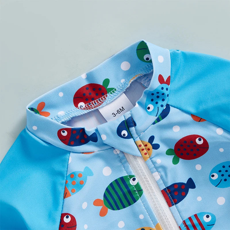 Toddler Swim Set – Long Sleeve Fish Print Suit with Hat