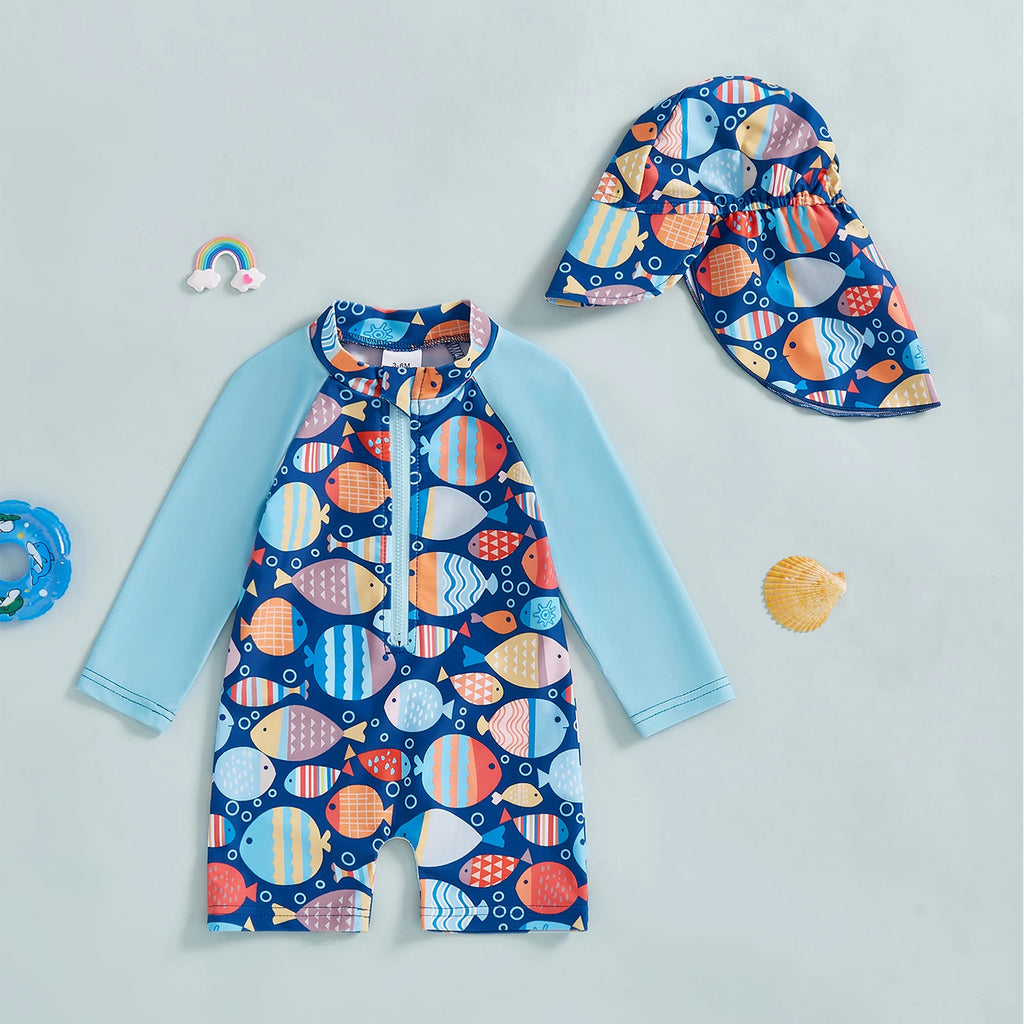 Toddler Swim Set – Long Sleeve Fish Print Suit with Hat