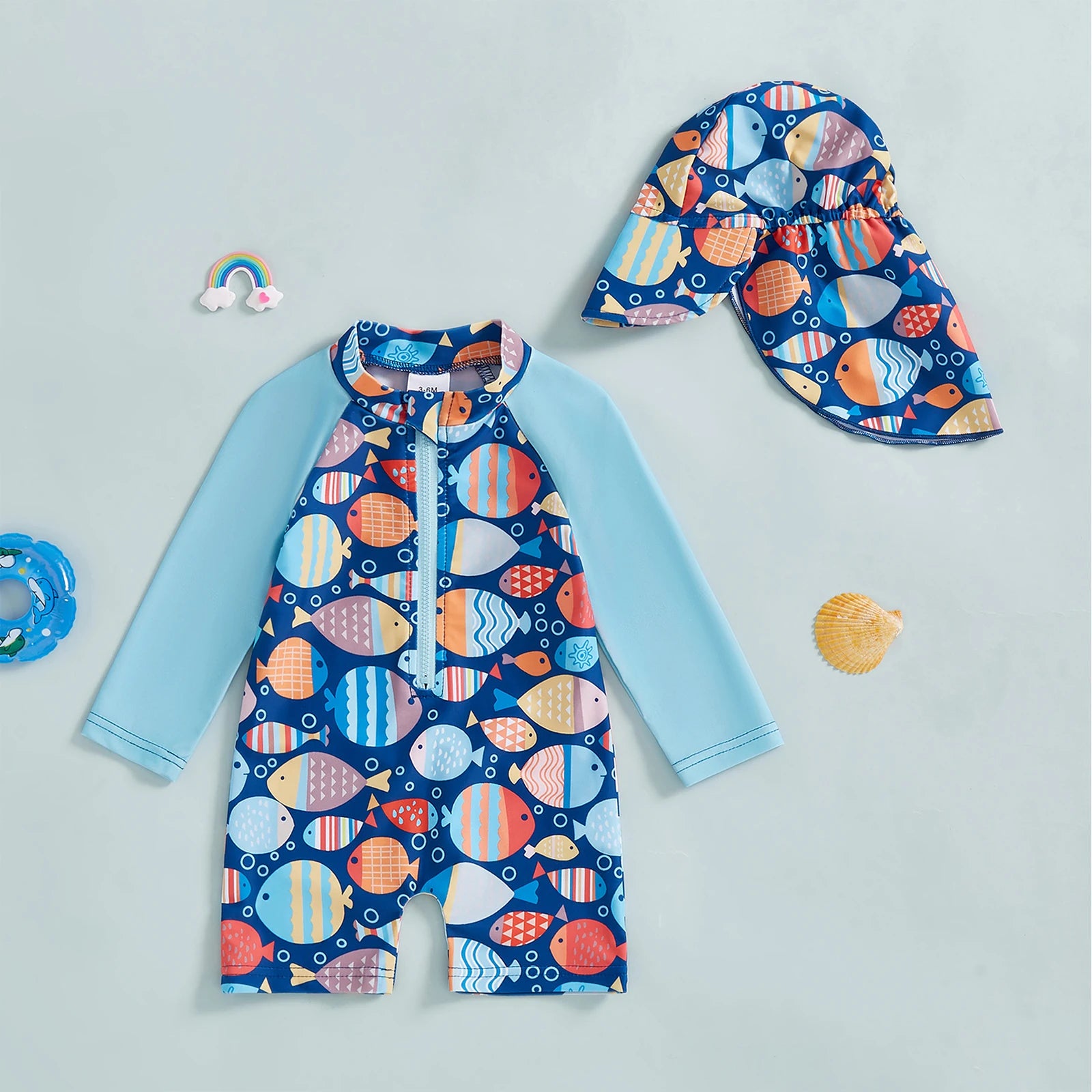 Toddler Swim Set – Long Sleeve Fish Print Suit with Hat