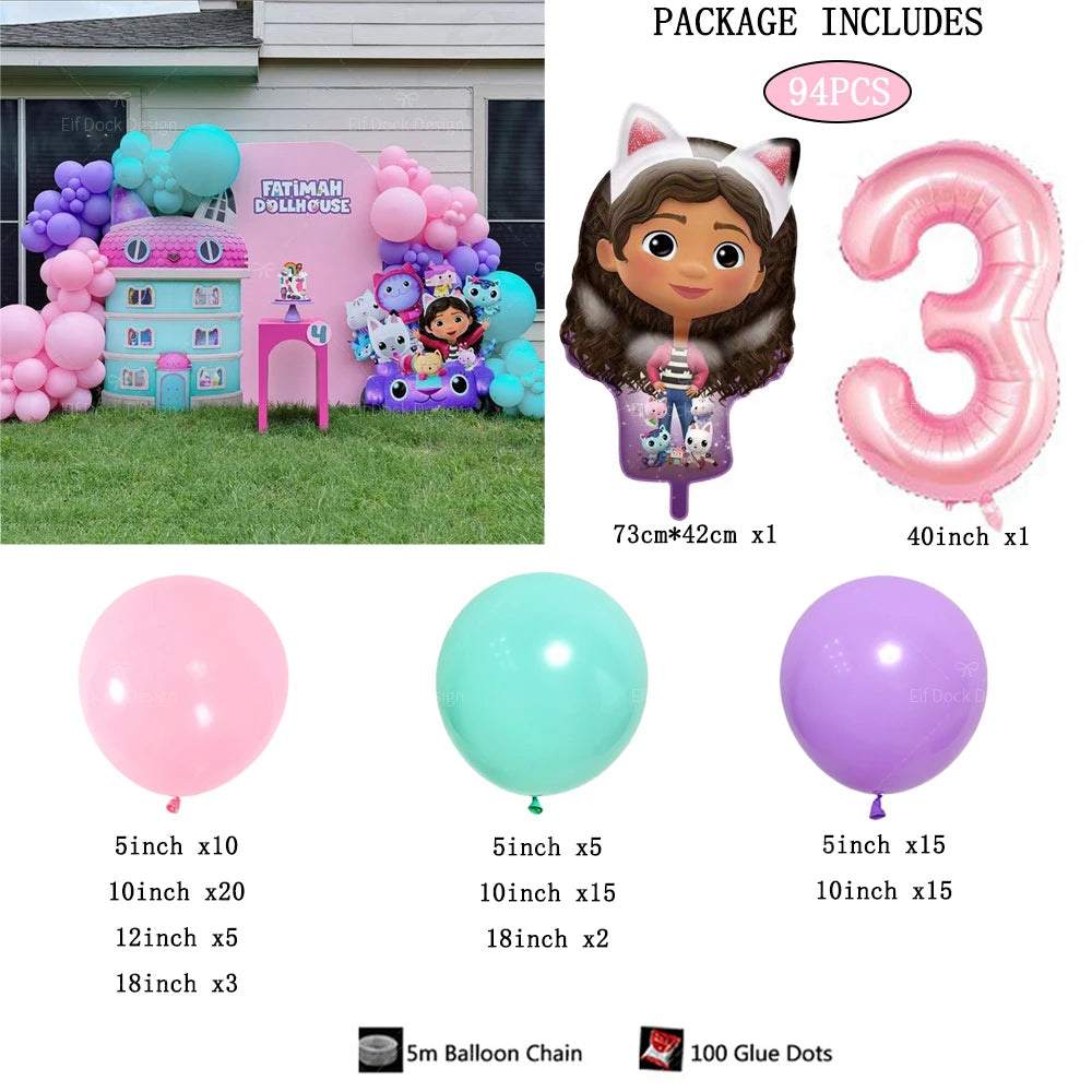 94pcs Gabby Dollhouse Cats theme Balloon 40inch 1-9th Kids Birthday Party