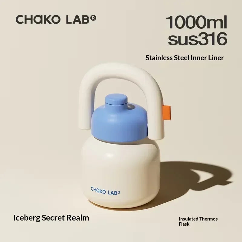 Chakolab 1000ML Large Capacity Thermos Cup With Cold Straw Stainless Steel Inner Pot Kettle Portable Travel Mugs