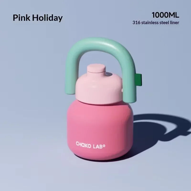 Chakolab 1000ML Large Capacity Thermos Cup With Cold Straw Stainless Steel Inner Pot Kettle Portable Travel Mugs