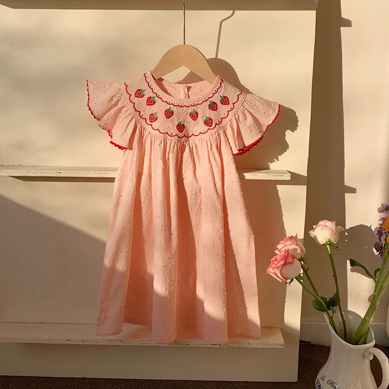 Sweet Strawberry Embroidered Summer Dress for Girls