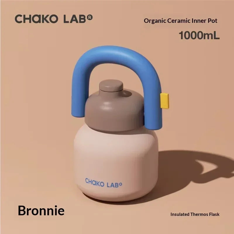 Chakolab 1000ML Large Capacity Thermos Cup With Cold Straw Stainless Steel Inner Pot Kettle Portable Travel Mugs